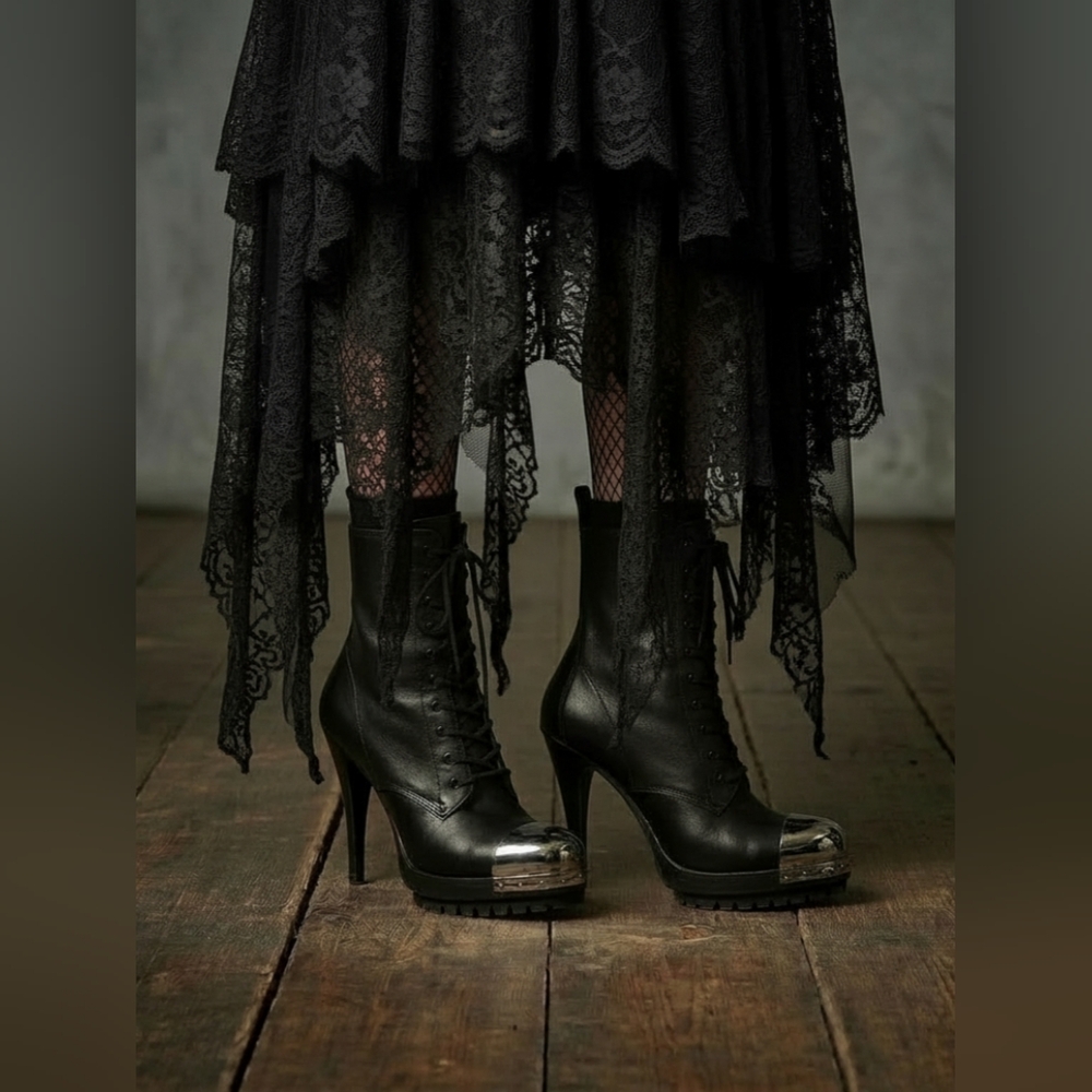 LUST FOR LIFE Black Leather Metal Cap Toe Lace Up Platform Heeled Boots - Size 8